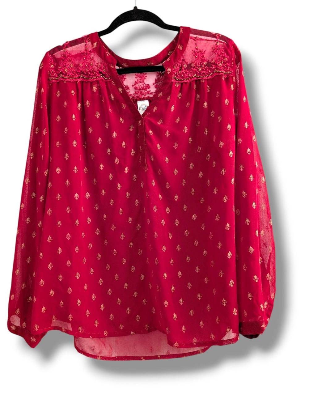 Billabong Maroon & Gold Sheer Embroidered Long-Sleeve Blouse, Sz XL